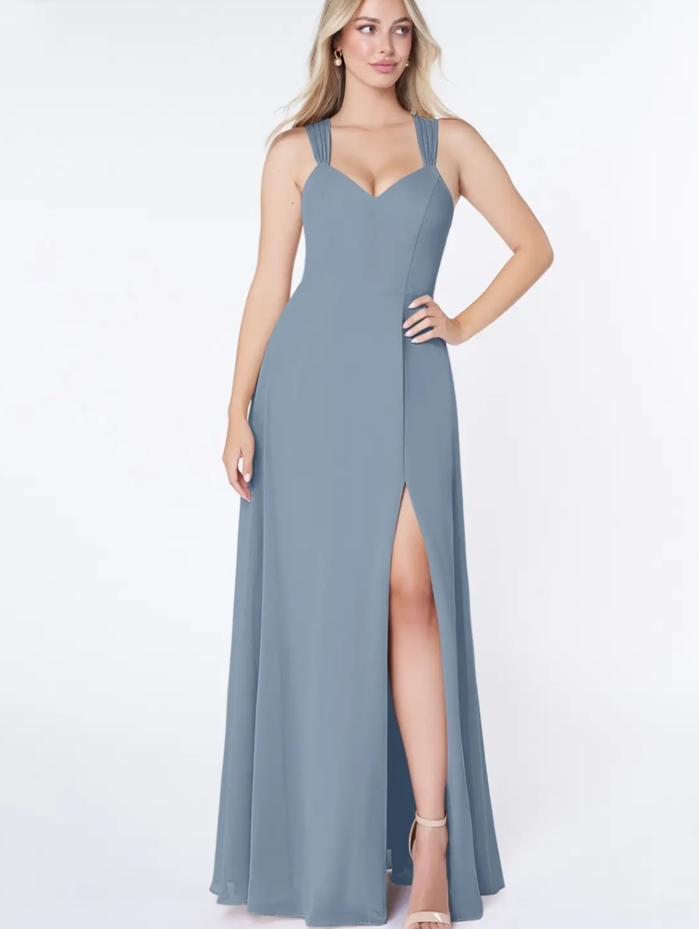 Elegant Dusty Blue A-Line V-Neck Pleated Chiffon Dress By Azazie Bridal